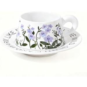 Cute Ceramic Coffee Mug and Saucer Set for Women, Spring Floral Embossed Design, 9.5oz/280ml, Perfect for Home, Office & Holiday Gifts (White Purple Orchid)