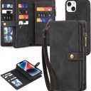 TwoHead for iPhone 13 Wallet Case with Card Holder, Detachable Magnetic Phone Case with Wallet PU Leather Wallet Phone Case for iPhone 13 Case Wallet for Women/Men with Wrist Strap (Black)