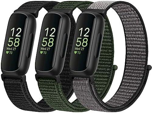 WNIPH Nylon Bands Compatible for Fitbit Inspire 3/Inspire 2/Inspire/Inspire HR/Ace 3/Ace 2 Bands, Breathable Sport Replacement Straps Soft Adjustable Solo Loop Dark Black+Navy Green+Iron Grey