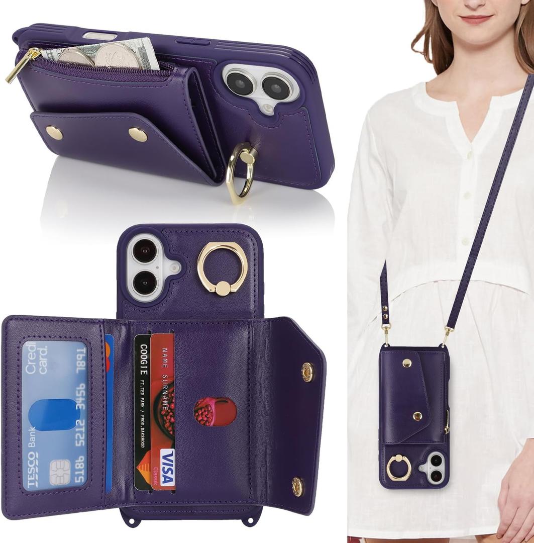for iPhone 17 Case with Card Holder and Strap - Zipper Pocket,Crossbody Lanyard Strap,Credit Card Holder,Stand Ring,Cute Phone Wallet Case for Women(Dark Purple,6.3 Inch)