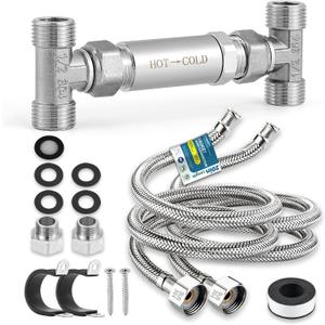 Replacement 304 Stainless Steel Sensor Valve Kit for Instant Hot Water Recirculating Pump System, Includes Valve & 2 x 20-in PEX Supply Lines for Potable Water & Adaptors & Teflon Tape