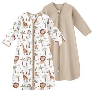 Baby Sleep Sack 12-18 Months, Long Sleeve Baby Wearable Blanket 0.5 Tog with Mittens, 2-Way Zipper Toddler Cotton Sleeping Sack for Boy and Girl Khaki Animal 2 Pack (Large)