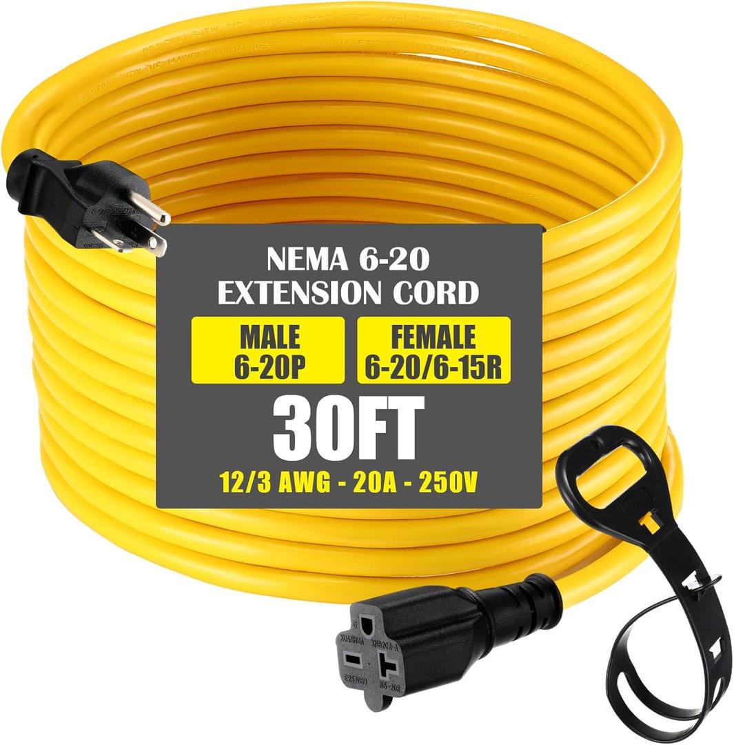 30 ft Nema 6-20 Extension Cord, Nema 6-20p Male Plug to 6-20r/6-15r Female Receptacle, 20 Amp T-Blade Outlet Extension Power Cord with Waterproof Sockets, Heavy Duty 12/3 Awg, 250v, 5000w (Yellow)