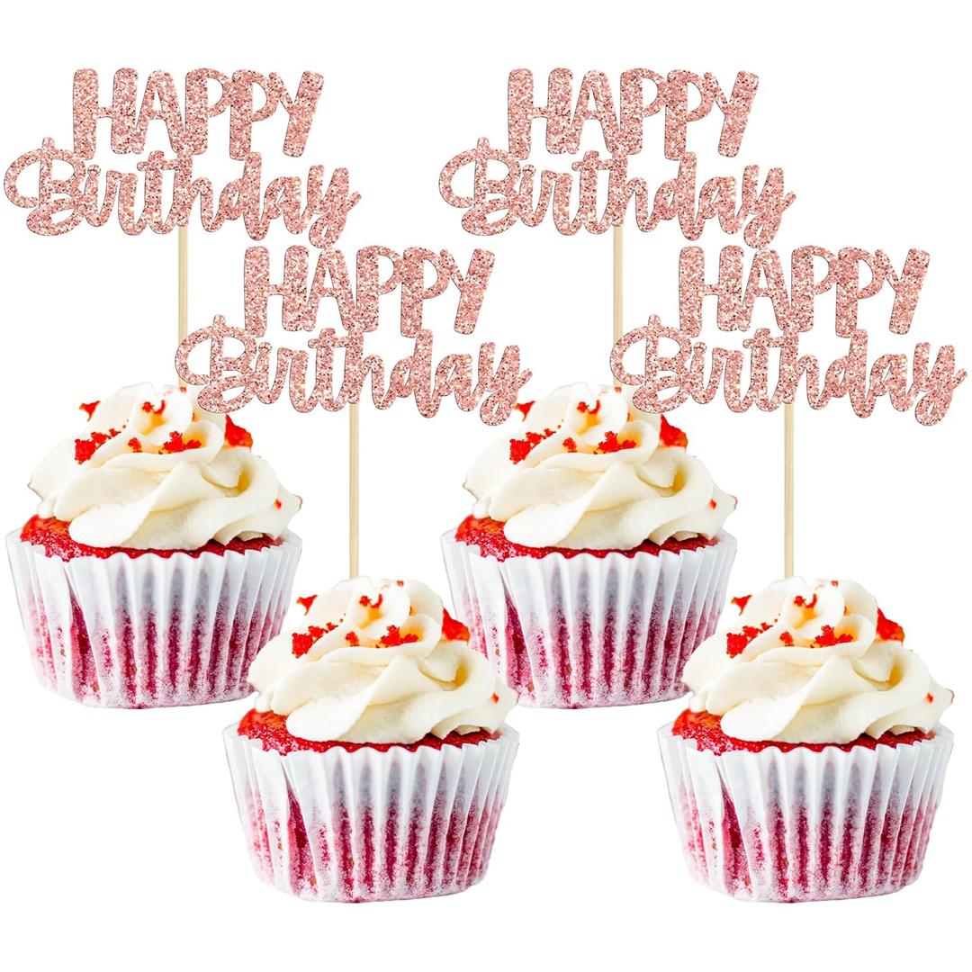 Gyufise 24Pcs Happy Birthday Cupcake Toppers Rose Gold Glitter Birthday Cake Picks for Celebrating Birthday Party Baby Shower Party Decorations Supplies