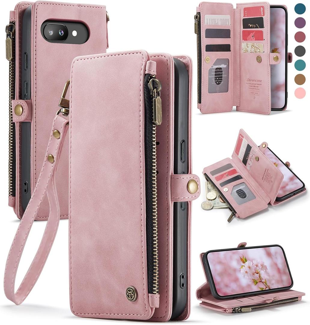 Defencase for Google Pixel 9a Case Wallet with RFID Blocking Card Holder for Women Men, Fashion PU Leather Magnetic Snap Flip Zipper Wrist Strap Wallet Phone Case for Google Pixel 9A 6.3", Rose Pink