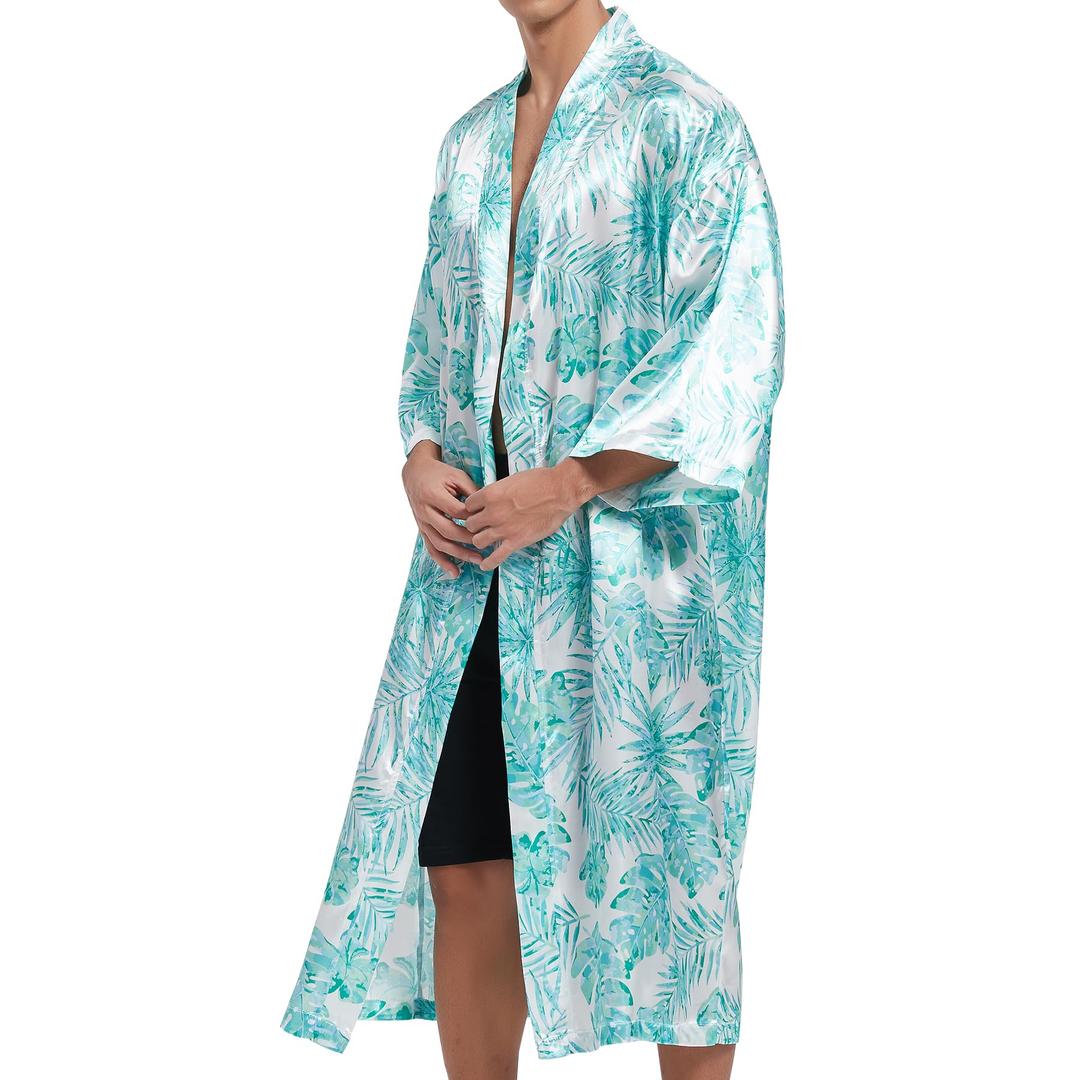 2 x UTJZIB Men's Lightweight Kimono Robe Jacket Printed Japanese Style Bathrobes Casual Open Front Long Cardigan Coat Outwear (US, Alpha, X-Large, Regular, Regular, Green Leaves) (Green, XL)