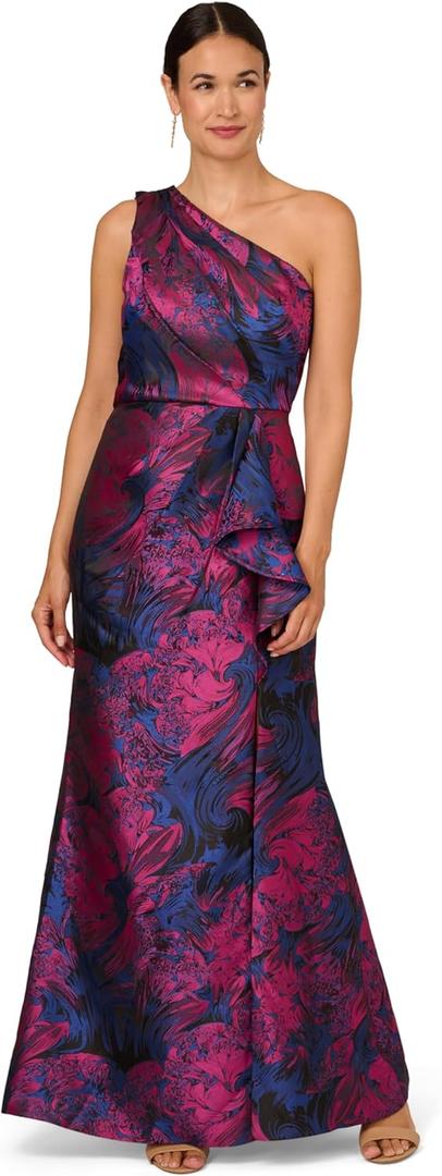 Adrianna Papell One Shoulder Jacquard Gown, Navy/Rosegold (12)