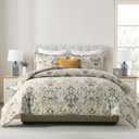 Finlonte Damask King Comforter Set, 100% Cotton Paisley Floral Comforter Bedding Set, Luxury Ethnic King Size Bed Set, Fluffy Lightweight Quilted All Season, Grayish Blue/Brown