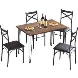 VECELO Dining Table Set for 4, Kitchen Table Set with 4 Chairs for Small Space, Space-Saving and Modern Design, Apartment, Easy to Assemble, Brown, 5-Piece Set