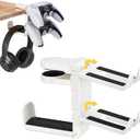 3-in-1 Under Desk Headphone Hanger with Adjustable Clamp Mount, 2 Controller Slots & 1 Headset Universal Holder Stand, Rotatable Hook Rack & Cable Organizer, for Home Gaming Xbox ps5 - White