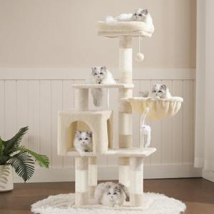 Heybly Cat Tree with Toy, Cat Tower Condo for Indoor Cats, Cat House with Padded Plush Perch, Cozy Hammock and Sisal Scratching Posts, Beige HCT004SM (43.3 inch)