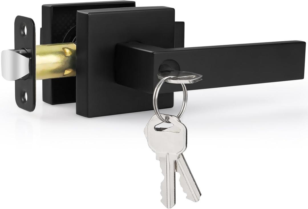 Estmoon Door Lock Matte Black Door Knob with Lock, Heavy Duty Keyed Front Door Handle Exterior Lockset, Entrance Exterior Door Knob for Bedroom, Bathroom, Front Door, Office, 1 Pack