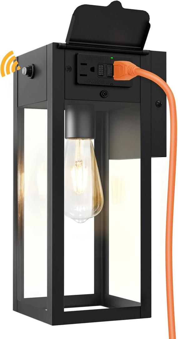 Dusk to Dawn Outdoor Light Fixtures Wall Mount, Outdoor Porch Lights with GFCI Outlet, Dusk to Dawn Outdoor Lighting for Doorway, Garage- Black, 1 Pack