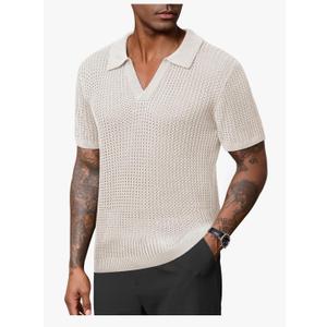 Mens Johnny Collar Polo Shirts Crochet Hollow Out Summer Casual Shirt L