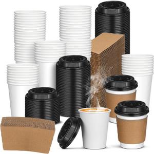 1000 Pcs 8oz Coffee Cups with Sleeves and Lids Bulk Disposable Hot Cups White Paper Drinkware for Cold Water Tea in Office Store Events Party Supplies