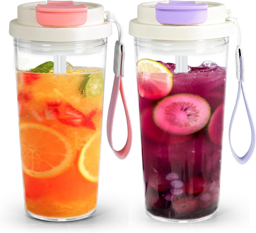 2Pack Plastic Coffee Tumbler 20oz, Acrylic Tumbler with Lid and Straw, Reusable Plastic Cup Iced Coffee Cup for Travel Home Cycling Driving Working, Pink&Purple