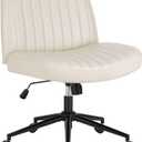 UOCFYK Criss Cross Chair with Wheels, Ergonomic Armless Swivel Comfy Vanity Seat, Wide Back Support Adjustable Height for Home Office Bedroom Computer Gaming Makeup, Beige Leather