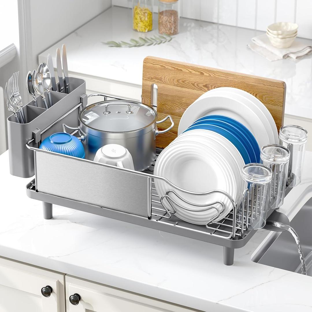Urackify Stainless Steel Dish Drying Rack - Large Capacity Kitchen Counter Organizer with Drain Board, Utensil Holder & Detachable Cup Shelf, 304 Surgical-Grade Rust-Proof Dish Drainer, Easy Assembly (Gray)
