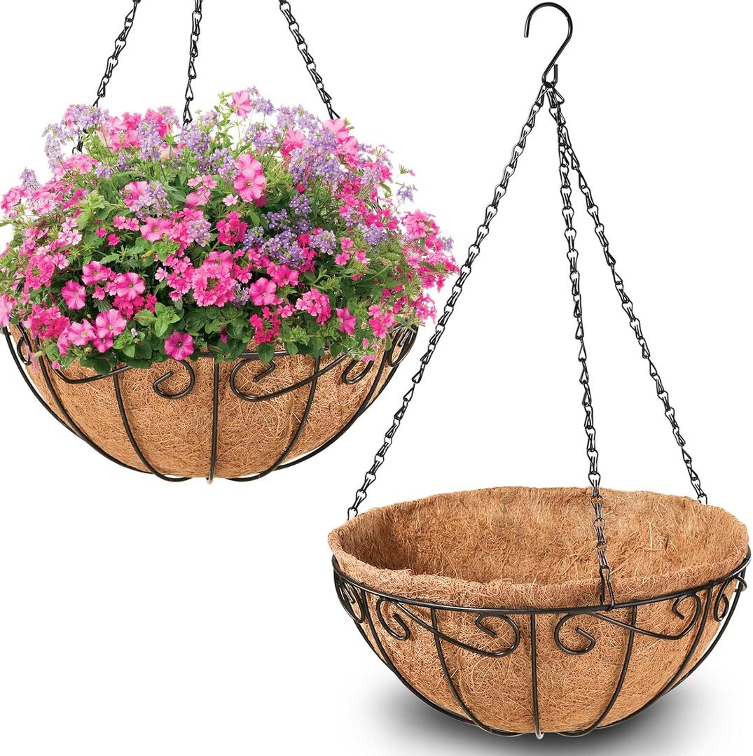 Legigo 2 Pack 14 Inch Metal Hanging Baskets for Plants Outdoor- Wire Round Hanging Planters Basket with Coconut Coir Liner, Hanging Flower Pot for Outdoor Plants Flowers Garden Decorations