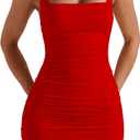 BORIFLORS Women's Sexy Bodycon Corset Mini Dresses Square Neck Ruched Sleeveless Club Party Short Dress (Red), XS