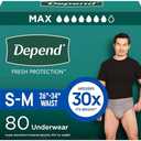 Depend Fresh Protection Adult Diapers, Incontinence Underwear for Men, Disposable, Maximum, Small/ Medium, Grey, 80 Count (2 Packs of 40), Packaging May Vary