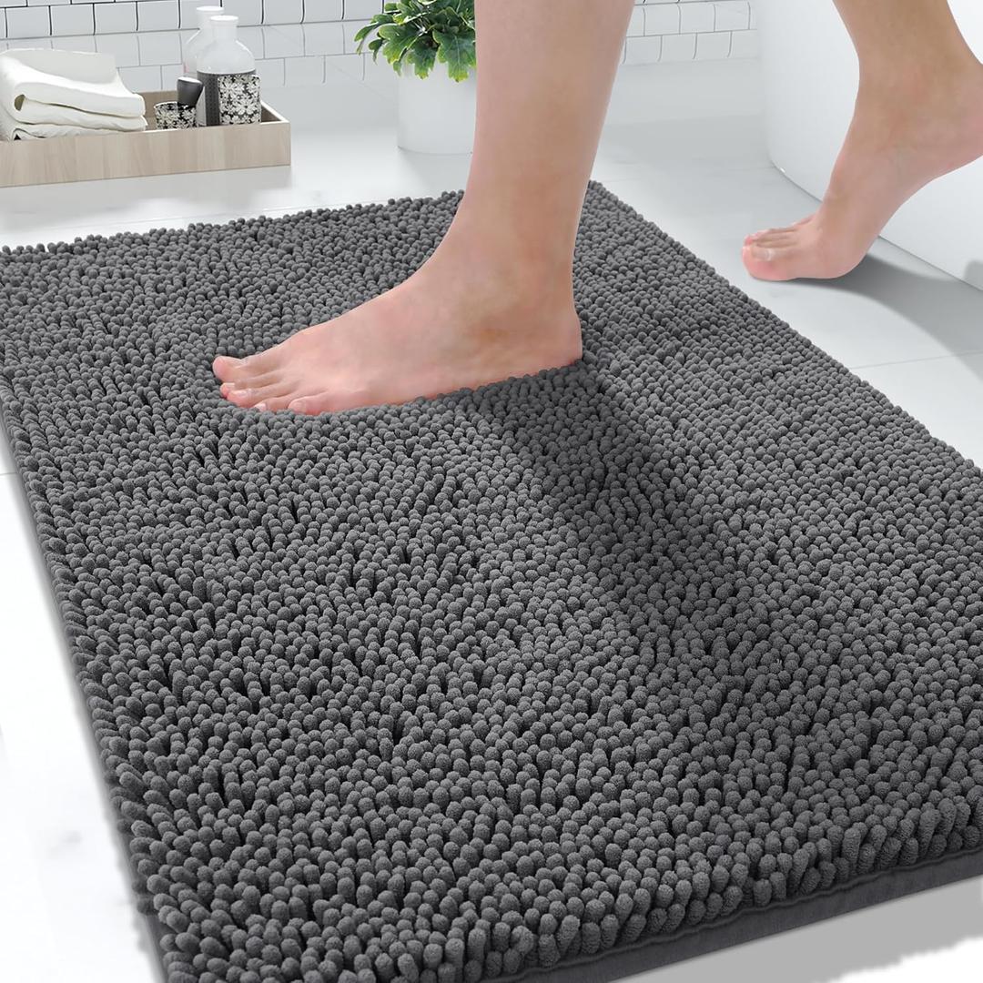 Yimobra Chenille Bathroom Rug, 32x20Inch, Extra Soft Shaggy Bath Rugs, Non-Slip Bathroom Floor Mat, Water Absorbent, Thick Durable, Machine Washable, Plush Microfiber Rugs for Shower Bathtubs, Dark Gray