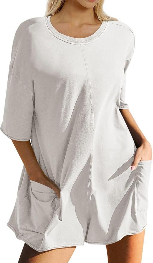 Ugerlov Women's Casual Rompers Half Sleeve Short Jumpsuits Athletic Scoop Neck Overalls Hot Shot Tee Romper with Pockets, White, Small