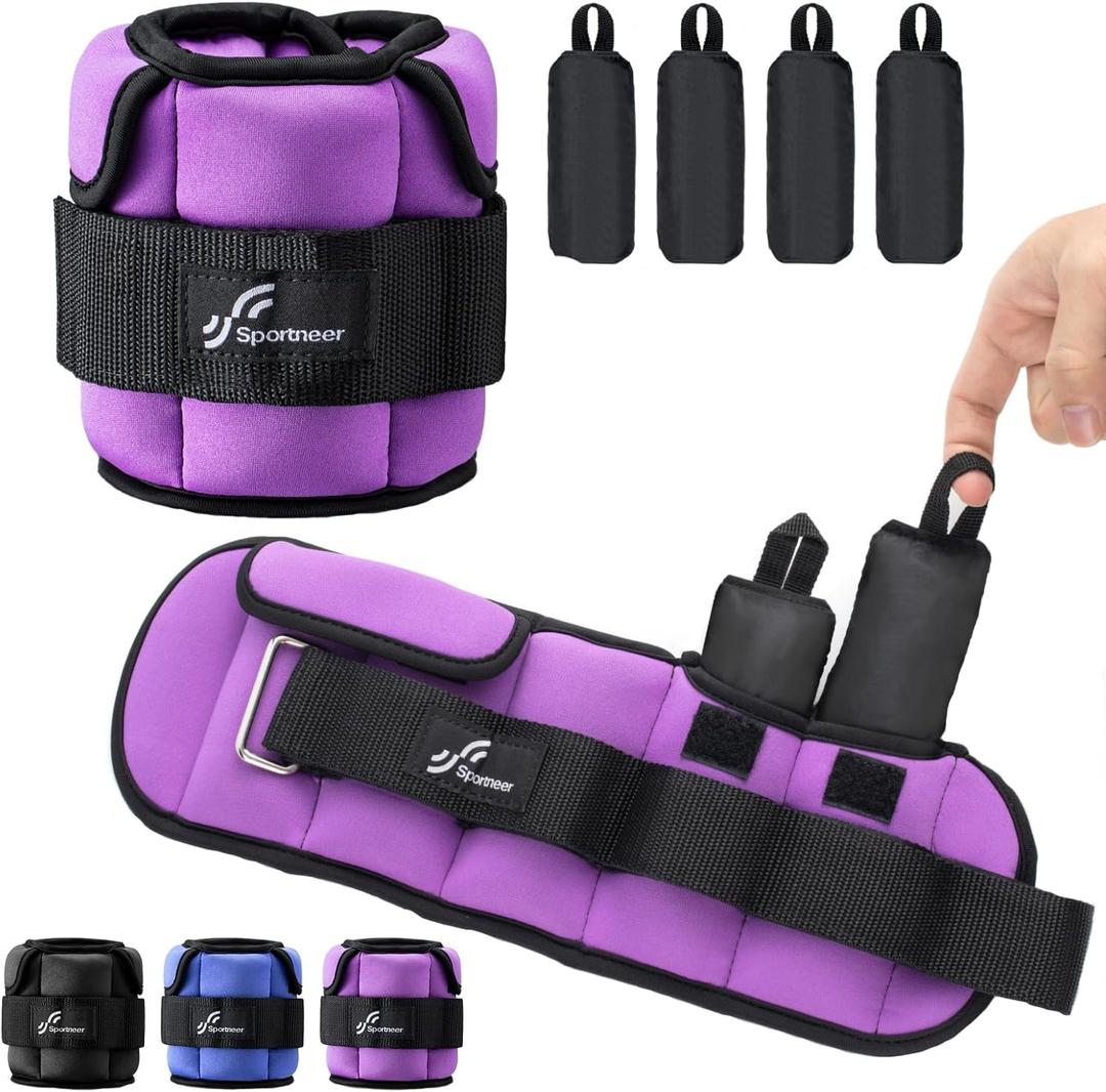 Sportneer Upgrade Adjustable Ankle and Wrist Weights for Women and Men 1-7 lbs / 1-10 lbs Set | Comfortable, Secure Fit for Walking, Running, Fitness, Physical Therapy, Home Gym (5 lbs x 2, Purple)
