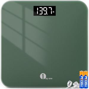 1byone Scale for Body Weight, Digital Bathroom Scale Accurate Weighing Machine for People, Bath Scale with LED Display, 6mm Tempered Glass, Tape Measure and Batteries Included Green,400 lbs