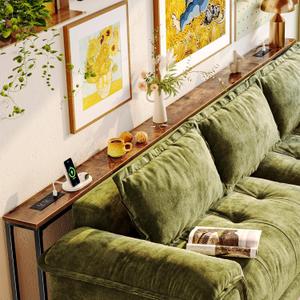 Huuger 110.2 Inch Behind Couch Table with 2 Power Outlets and USB-C Ports, Extra Long Narrow Sofa Table for Sectional Sofa, Skinny Console Table with Anti-Bump Pads, for Living Room, Rustic Brown