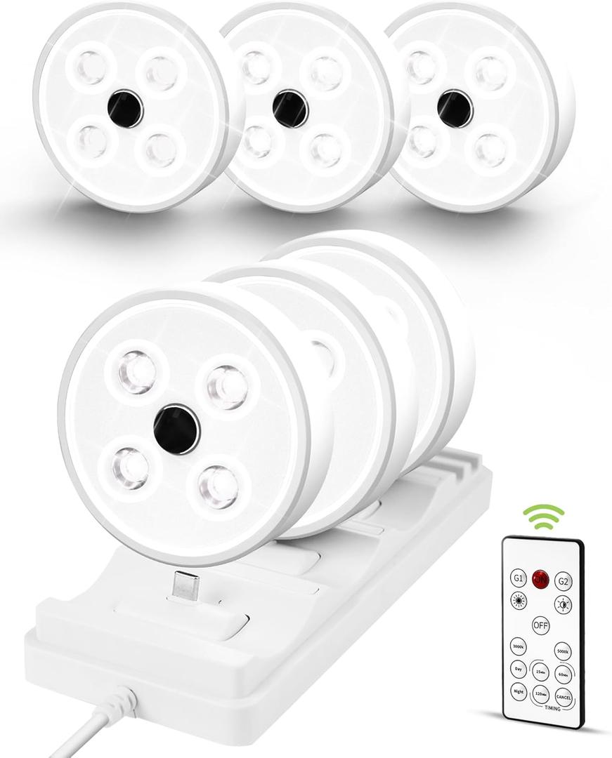 EZVALO Puck Lights with Remote 6 Pack, Rechargeable Under Cabinet Lights with Charging Station, 2 Color Temps Motion Sensor Light Group Control, Dimmable LED Puck Light for Kitchen, Bedroom, Shelf