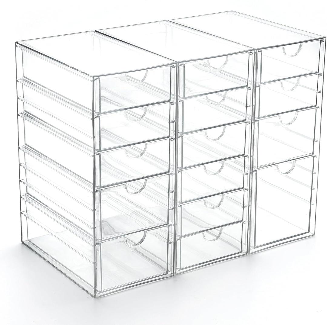 Acrylic Drawer Organizer with 15 Drawers, Makeup Craft Office Desk Organizers Accessories, Set of 3 Clear Stackable Storage Drawers for Vanity, Countertop, Jewelry, Art Supply Organization