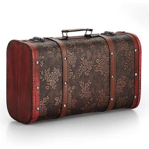 ELLDOO Vintage Wooden Storage Chest, Portable Decorative Luggage Suitcase With Grape Pattern, Pirate Treasure Keepsakes Box for Gifts, Decor and Travel