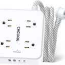 5Ft Flat Plug Braided Extension Cord - CHCORE Surge Protector Power Strip with 8 Outlets and 2 USB-C (PD 30W) Fast Charging Ports and 2 USB-A Ports for Home, Office, Dorm Room Essentials, ETL, White