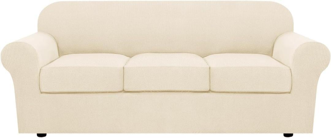 H.VERSAILTEX 4 Piece Stretch Sofa Covers for 3 Cushion Couch Covers for Living Room Furniture (Base Cover Plus 3 Seat Cushion Covers) Upgraded Thicker Jacquard Fabric (Sofa, Cream) (Large)
