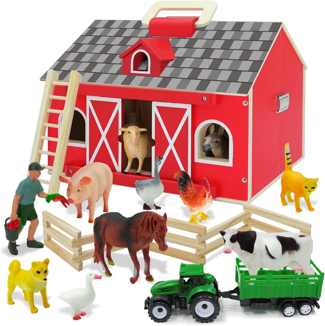 SIMPLIPLAY Farm Animal Toys with Portable Large Wooden Barn for Kids 3+ Years Old, 10 PCS Farm Animals Figures for Boys, Girls, Animal Lovers, Ideal Gift for Kids Toddlers, Improve Fine Motor Skills