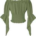 Womens Renaissance Peasant Blouse Off Shoulder Trumpet Sleeve Tops (Small, Green)