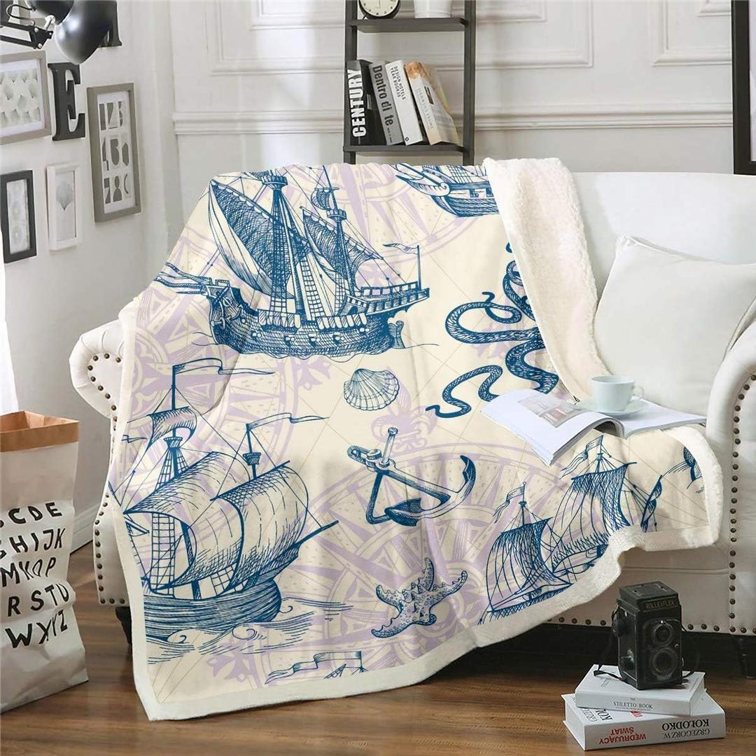 Feelyou Vintage Nautical Fleece Throw Old Sailboat Anchor Plush Blanket Marine Ocean Themed Fuzzy Sherpa Blanket Throw 30x40 Inches (Watercolor Blue)