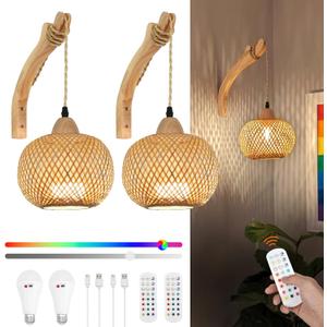 Frideko Boho Rechargeable Battery Operated Wall Sconces Set of Two with Remote, RGB 15 Colors Dimmable Wireless Wall Light, Bamboo Indoor Wall Lamp with 3 Timer, Rattan Wall Lighting for Bedroom (Orange(2PC-Rechargeable))
