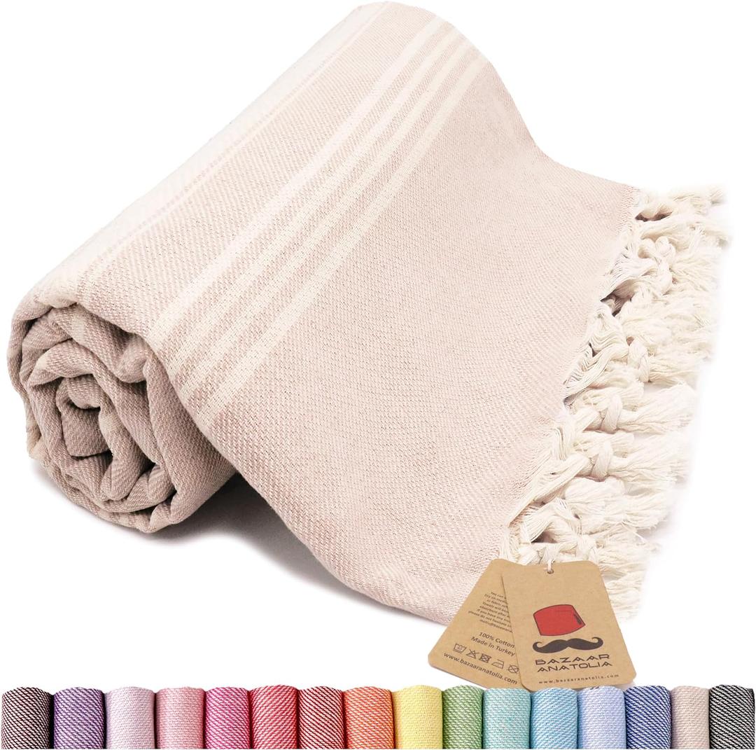 Bazaar Anatolia Turkish Beach Towel  100% Cotton, Quick Dry, Sand Free Towel for Bathroom, Travel, Camping  Oversized 71x39 Inches  Stripe Beige