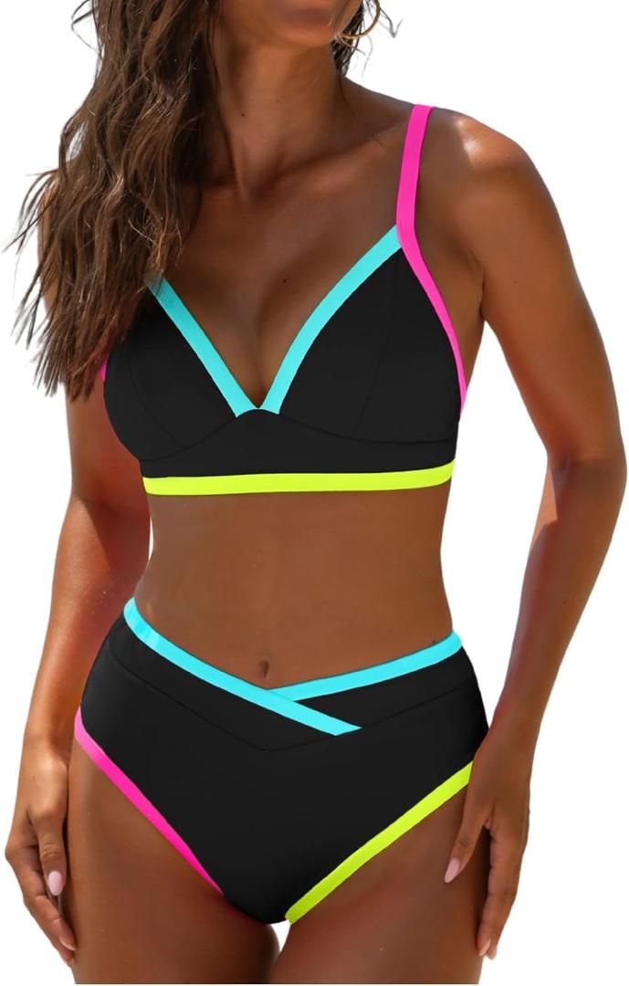 popvil 2 Piece Swimsuit for Women Neon High Waisted Bikini Sets | Adjustable straps V Neck Bathing Suits;high cut swimwear; great for summer, beach&pool (Black, XL)
