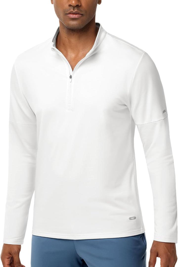 MIER Mens Quarter Zip Pullover Fleece Lined Dry Fit Golf Shirt | Moisture Wicking, Quick Dry, 4-Way Stretch, Reflective Details, Running Athletic Workout Gym, Midweight (White, S)