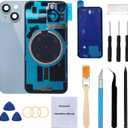 Rear Back Glass Replacement for iPhone 14 6.1-inches with + Pre-Installed Plate and Camera Frame and Lens + Reparing Tool Kit (Blue)