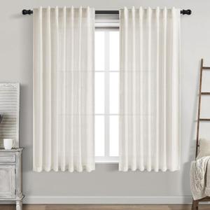 Cream Linen Back Tab Curtains 63 Inch Length for Living Room 2 Panel Set Neutral Modern Farmhouse Window Curtain Privacy Semi Sheer Linen Drapes Rustic Pinch Pleated Look Curtain Natural Ivory