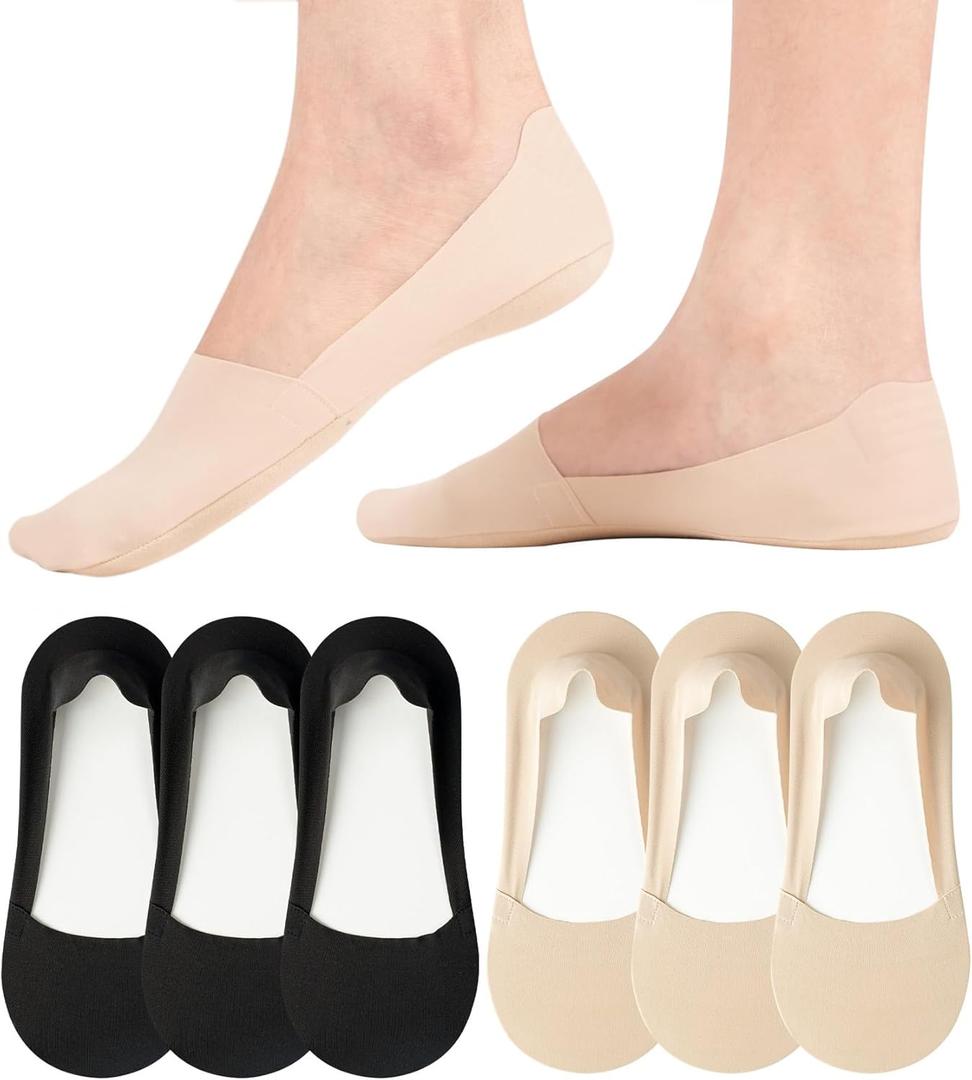 No Show Socks Women's Nylon Non Slip Low Cut Invisible Liner Footies Thin Silk Socks for Flats Loafers Lightweight 6 Pairs (5-8, 6 Pairs (3 Nude+3 Black))