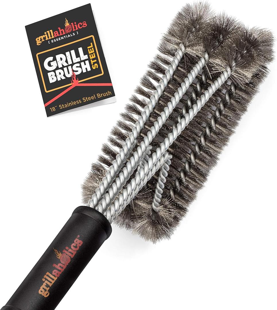 Grillaholics Essentials Grill Brush Steel - Triple Machine Tested for Safety - Stainless Steel Wire Grill Brush for Deep Grill Cleaning 