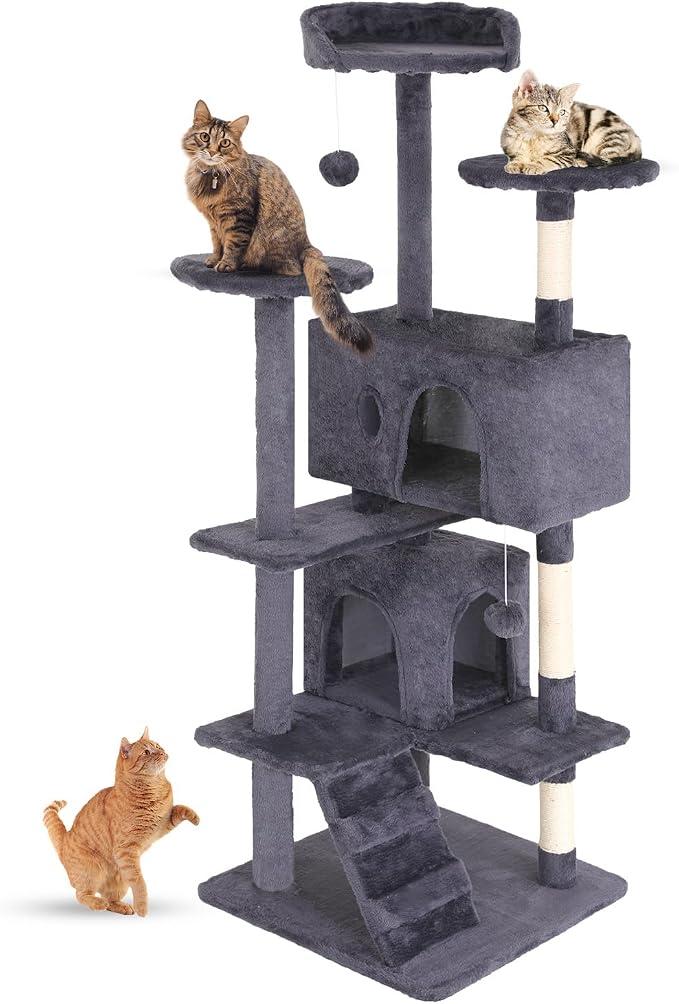 FDW | 54" Cat Tree Tower | Ashy | Multi-Level Indoor Activity Center with Sisal Scratching Posts, Condos, Plush Perches, Hanging Cat Toys | Sturdy, Easy to Assemble | for Kittens & Adult Cats, Pattern Name: 54in