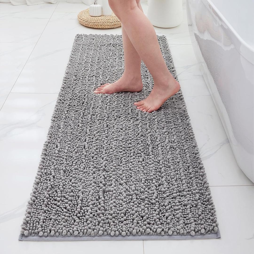 ILANGO Bathroom Rugs Light Grey 55x24,Extra Soft Absorbent Chenille Bath Rugs,Thick Non-Slip Shaggy Bath Mat,Machine Washable Quick Dry Bath Mats for Bathroom Floor, Tub, Shower Accessories