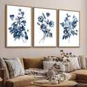 Large Framed Canvas Wall Art - Natural Float Framed Indigo Flowers Picturtes for Living Room Decor Retro Blue Floral Botanical Artwork Plants for Bedroom Kitchen Home Office Decor 72" X 36" Set of 3