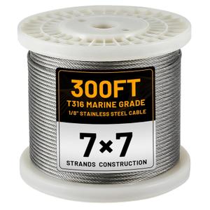 AHEONLAR 300FT 1/8" T316 Stainless Steel Cable for Railing,7x7 Wire Rope,1850 lb Breaking Strength,Deck Stair Fence Hardware Kit for Indoor Outdoor Use,Silver